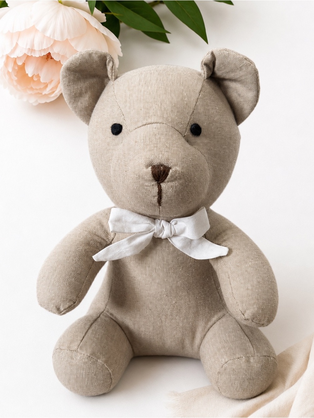 Rise Little Earthling Teddy Bear Plush 12” Beige Cotton Linen Look Nursery
